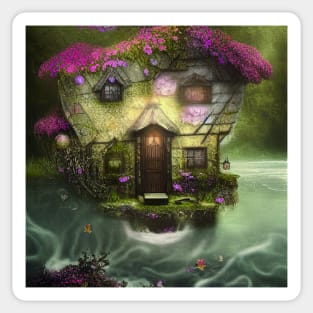 Sparkling Fantasy Cottage with Lights and Glitter Background in Forest, Scenery Nature Sticker